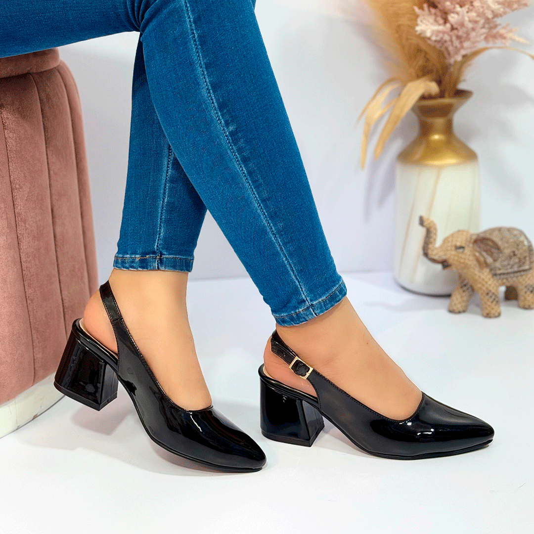 Tacones slingback de charol con tacón cuadrado cómodo – Estilo sofisticado