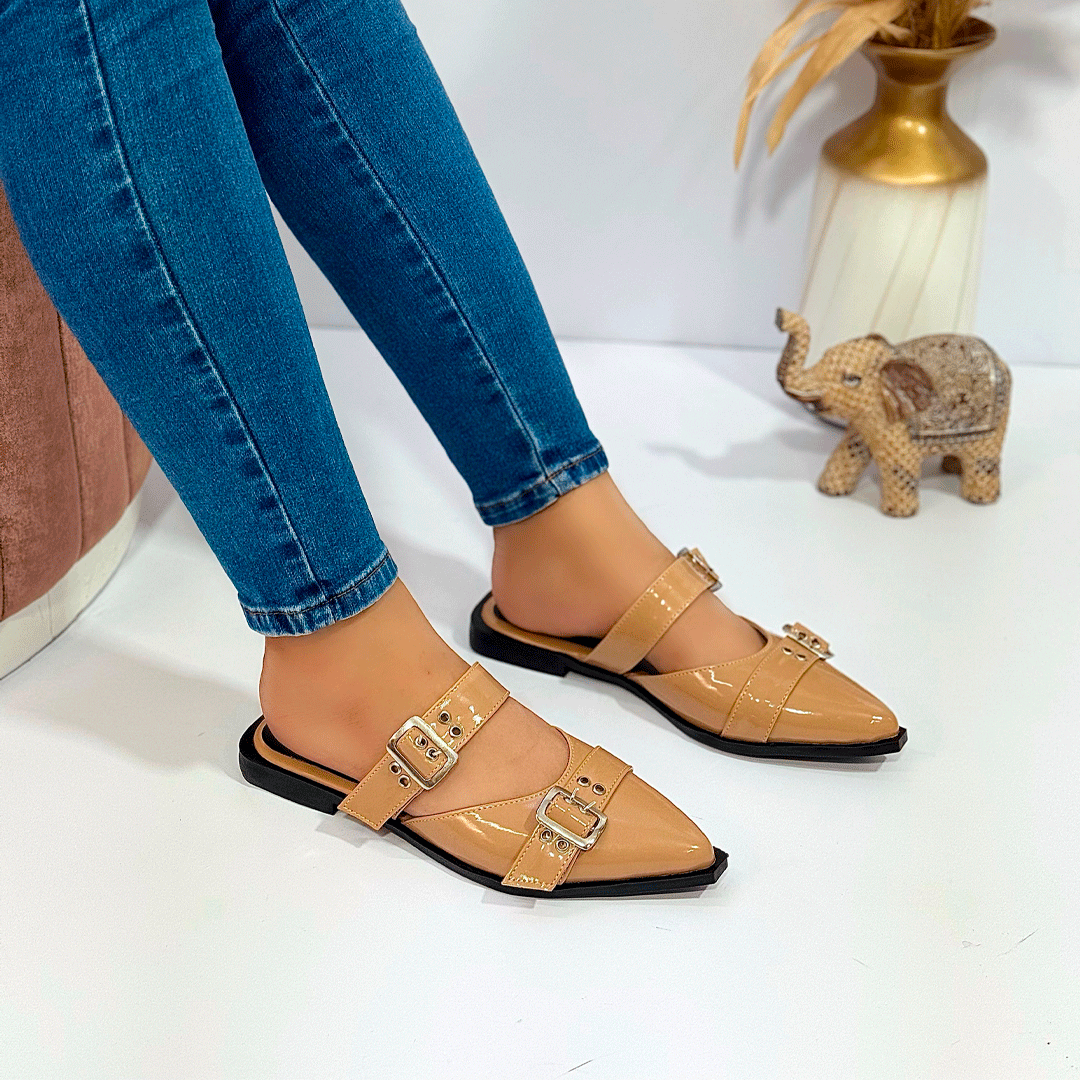 Flats mules tipo babucha punta fina con doble hebilla – Urban Chic