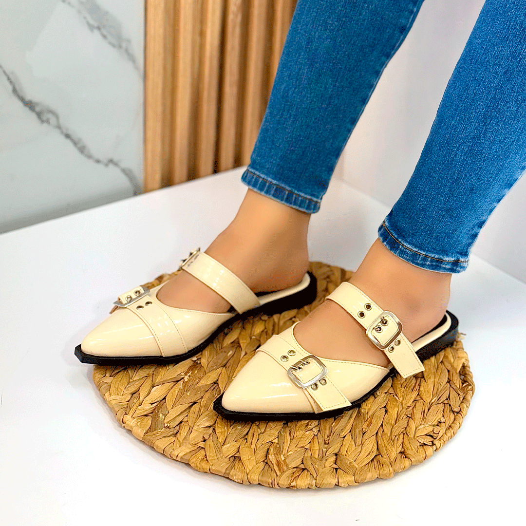 Flats mules tipo babucha punta fina con doble hebilla – Urban Chic