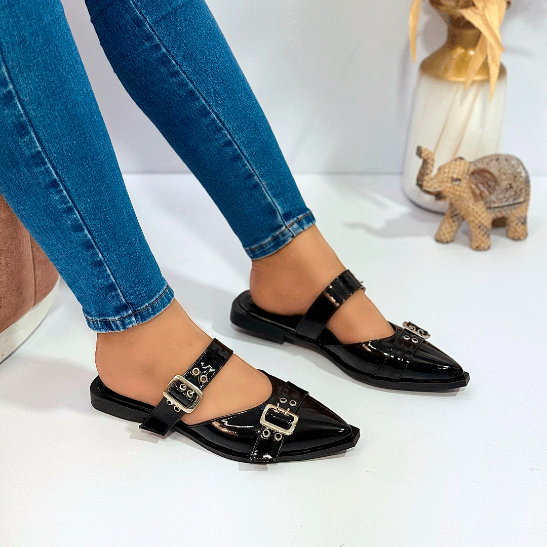 Flats mules tipo babucha punta fina con doble hebilla – Urban Chic