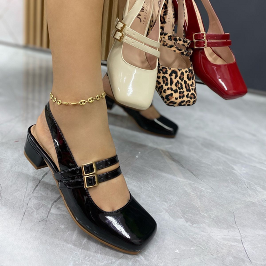 Tacones bajos Mary Jane en charol con doble tira - Estilo vintage con hebillas doradas