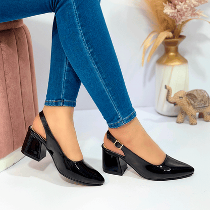 Tacones slingback de charol con tacón cuadrado cómodo – Estilo sofisticado