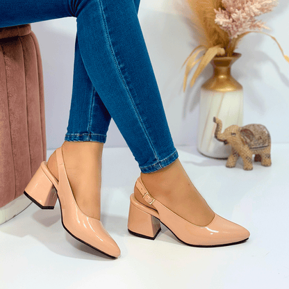 Tacones slingback de charol con tacón cuadrado cómodo – Estilo sofisticado